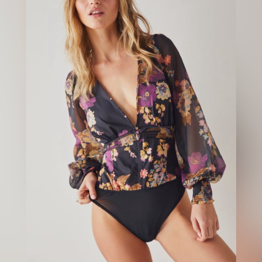 Free People Wanderlust Bodysuit in Black Combo Size Medium NWT